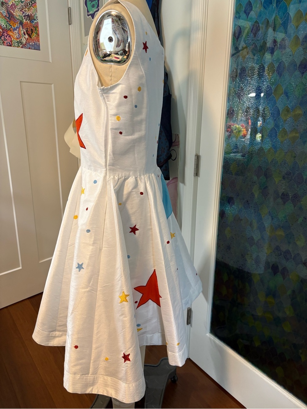 Raver, whimsical, galaxy dress - white sleeveless colorful Star Appliqués - Picture 8 of 14